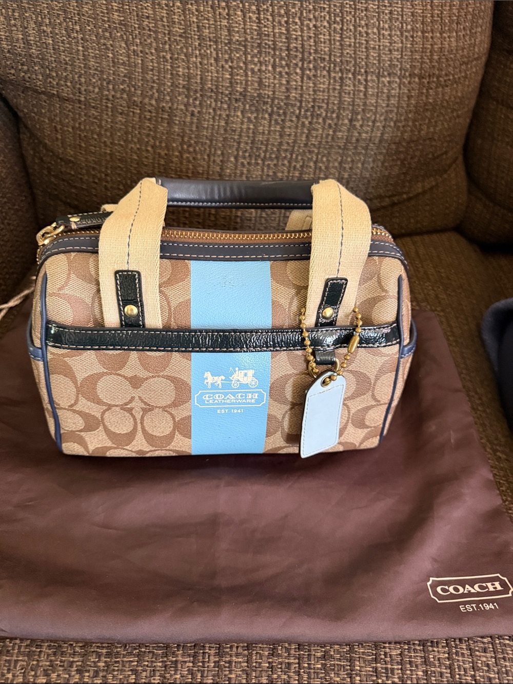 Coach Brown Signature Satchel with Light Blue Stripe